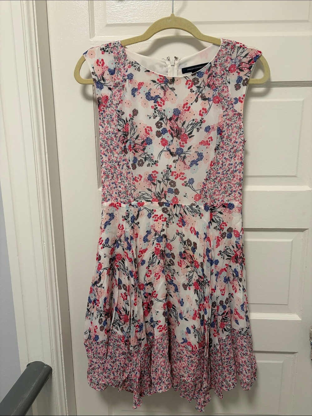 French Connection White Floral Midi Dress with Pink & Blue Accents